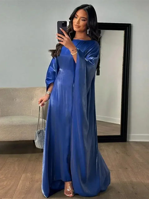 Ramadan Eid Summer Satin Batwing Abaya Dubai Women Islam Muslim Maxi Kaftan Dresses Kebaya Caftan Marocain Robe Femme Musulmane