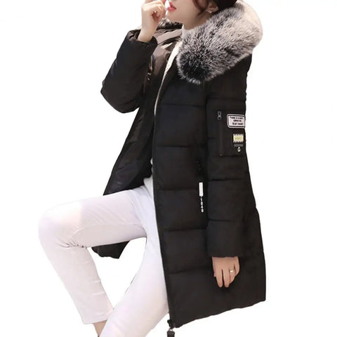 Hooded Cotton Coat Windproof Hooded Winter Cotton Coat with Zipper Pockets for Women Thickened Warm Mid Length Down Coat