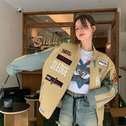 Harajuku Baseball Girl New Autumn and Winter Embroidered Jackets Sheepskin Leather Coat Women Y2k 2025 Leather Jacket Women