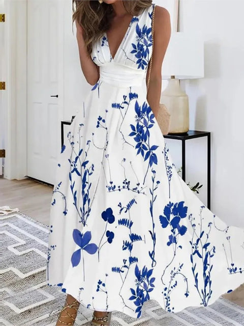 Summer V Neck Sleeveless Slim Sexy White Printing Casual Maxi Dresses Floral Elegant Party Holiday Long Dress Women