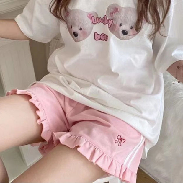 Sporty Shorts Women Ruffles Kawaii Bows Japanese Style Casual Loose Soft High Waist Summer Students Simple Fashion Popular Chic