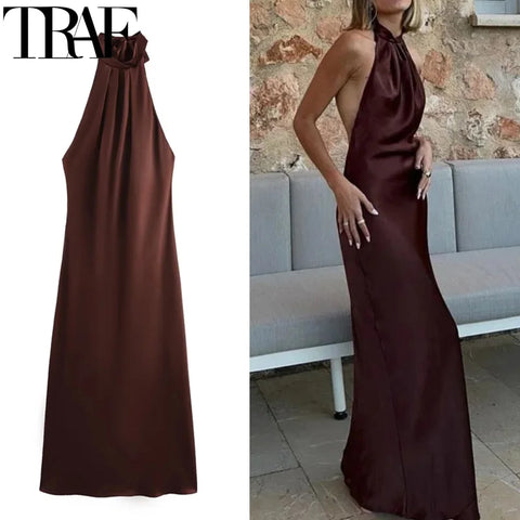 TRAF Halter Satin Long Dress Women Tied Backless Brown Midi Dress Summer Off Shoulder Party Dresses Pleated Evening Dress