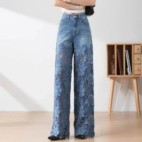 Fashion Elegant Jeans for Women High Waist Lace Patchwork Pantalones Hollow Out Oversized Spring Casual Loose All Match Pants