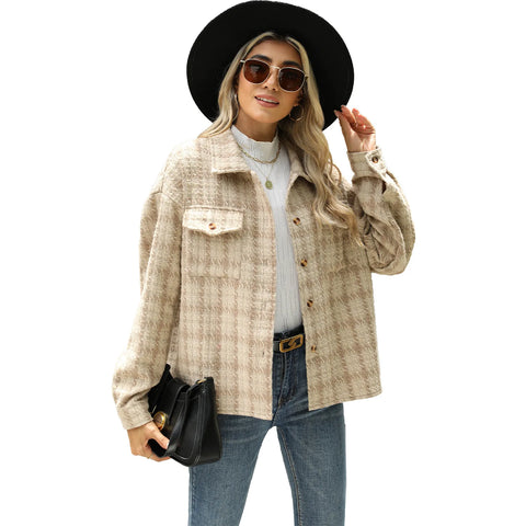 New Style Lapel Plaid Long Sleeved Loose Cardigan Woolen Coat for Women