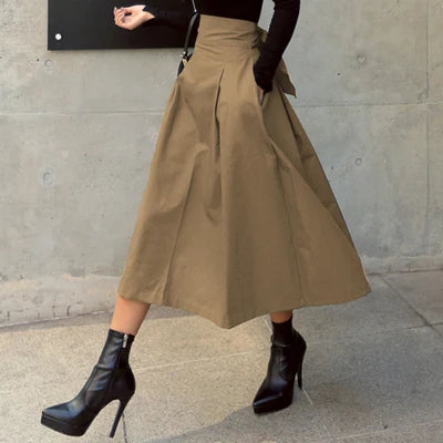 Skirts Womens Korean Fashion Solid Color Big Swing Ladies Skirt Long Skirt 2025 Autumn Wild High Waist Bow Slim Skirts