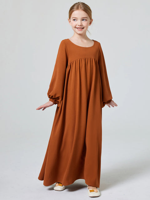 Kids Abaya Ramadan Muslim Dubai Elegant Girl's Solid Crew Neck Long Sleeve Kaftan Kebaya Dress For Party Pray Gift