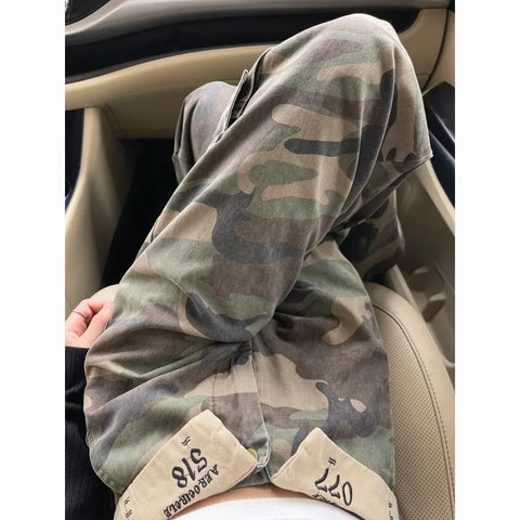 Woman American Spice Girls Camouflage Work Jeans Women Summer Flap High Street Design High Waist Straight Thin Wide Leg Trousers