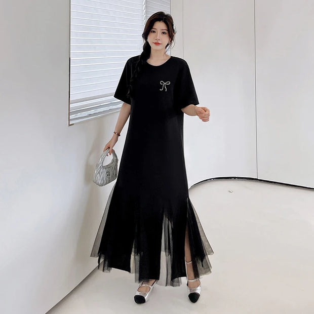 NYFS 2025 Summer New Korea Woman Dress Vestidos Robe Elbise Loose Plus Size Patchwork Mesh Hem Short Sleeve Long Dresses