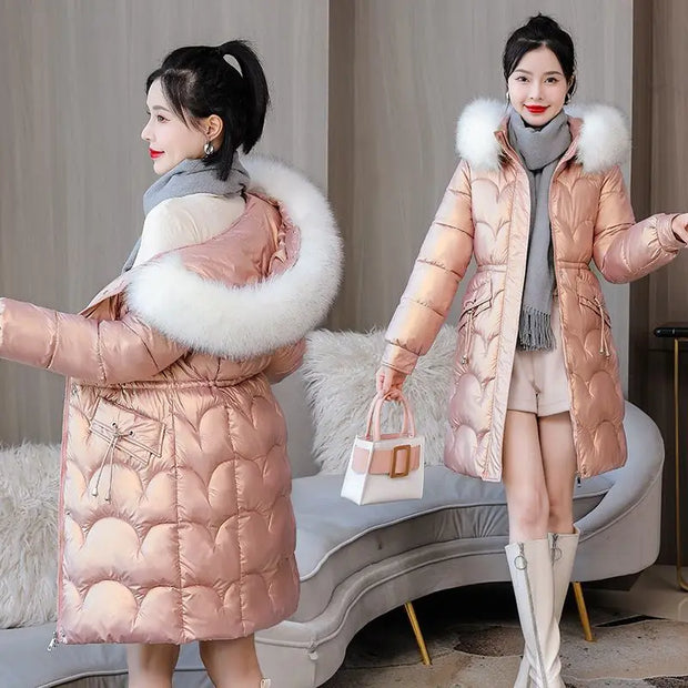 Korean Mermaid Women Midi Winter Parkas New Waterproof No Washing Required Slim Show Off Weight Fur Collar Drawstring Coats