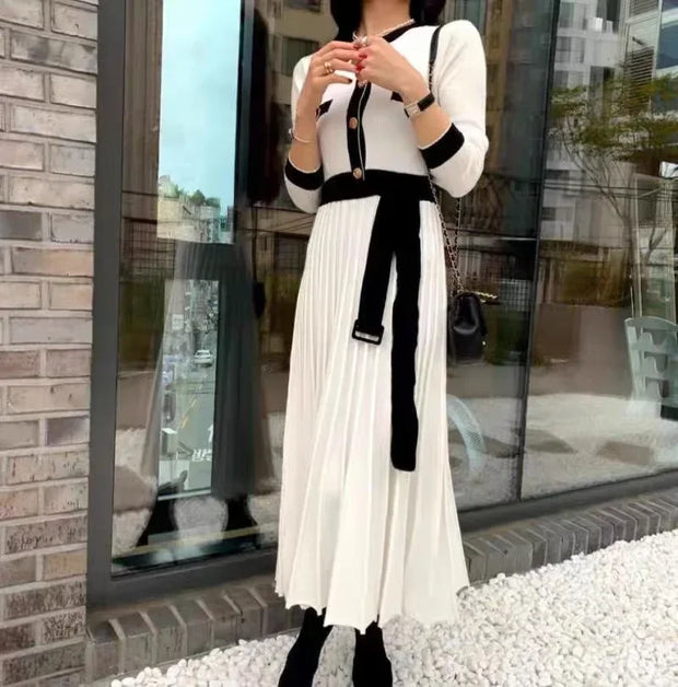 New Korean Knitted Dress Women O-neck Long Sleeve Single Breasted Autumn Winter Elegant Pleated A-line Dresses Slim Waist