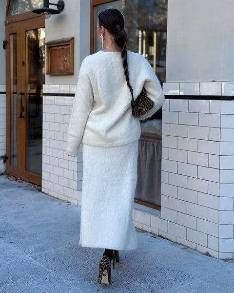 Fashion Solid Mohair Knit Long Skirt Sets Women O Neck Full Sleeves Pullover Sweater Autumn Female High Street Commute Outfits