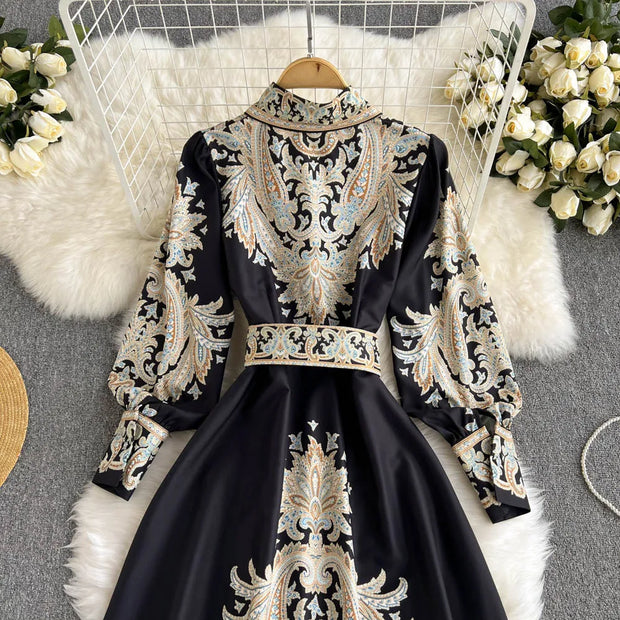 Vestidos Women Palace Retro Printing Dress Autumn And Winter Long Sleeve Elegant Single Breasted A-Line Shirts Dresses Robe