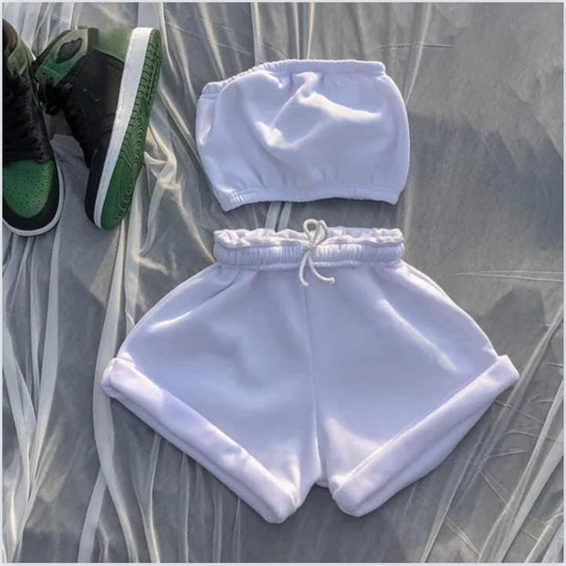 Summer New Solid Color Lace Up Tracksuits Women Sleeveless Backless Tube And Shorts Two Piece Sets Casual 2pcs Outfits