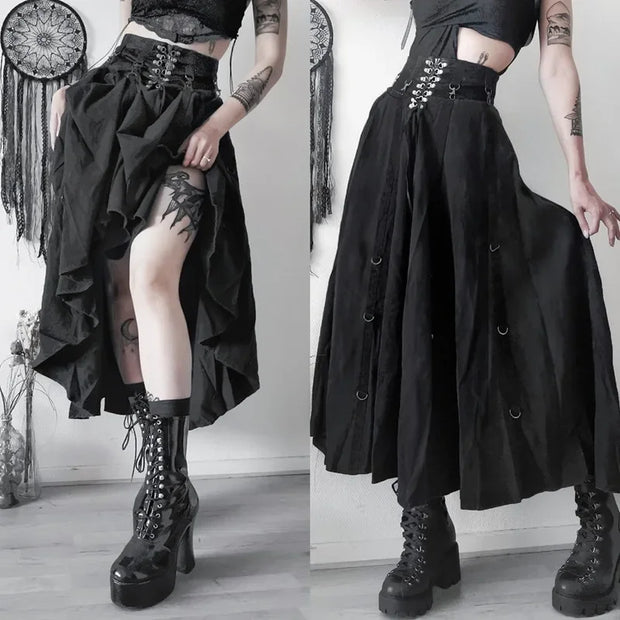 Goth Dark Acubi Fashion Black Swing A-line Skirt Punk Grunge Metal Buckle Streetwear Bandage Skirts Mall Gothic Alt Clother