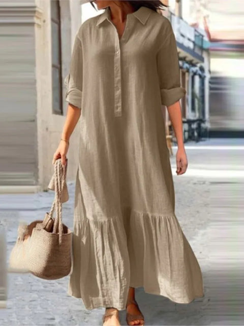 Cotton Linen Long Dress Women Long Sleeve Button Solid Color Casual Ruffles Loose Dresses Spring Autumn Comfortable Shirt Dress