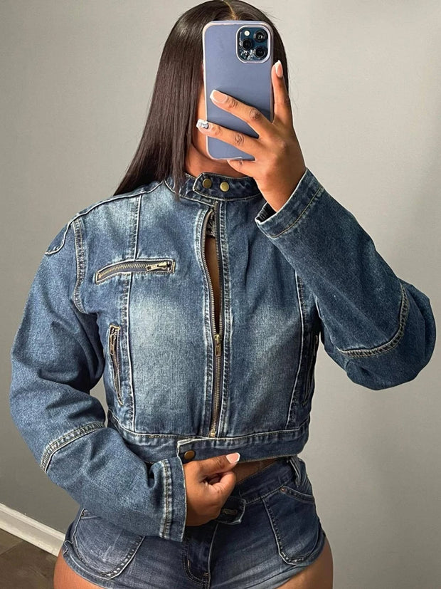 2024 New Arrival Fashion 2 Piece Outfits Zipper Long Sleeve Crop Jean Jacket and Denim Shorts Women Two Piece Denim Sets