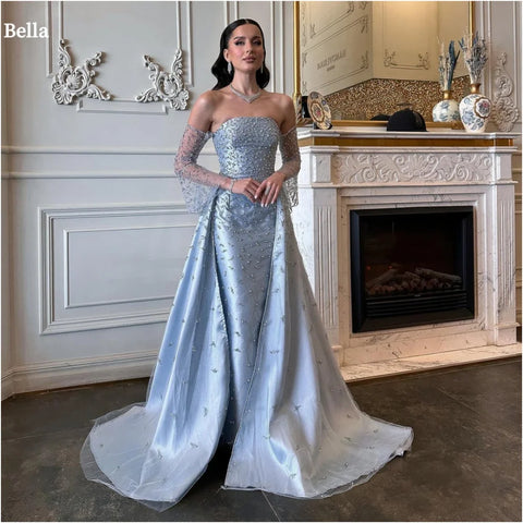 Bella Customized Pearls Beading Slightly Flared Sleeves robes de soirée Satin A-line Party Dresses Floor-Length Prom Dress 2024