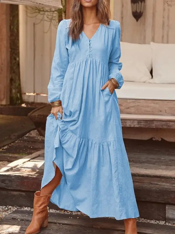 Dresses For Women Long Dress 2023 New Loose Fashion V-Neck Casual Solid Long Sleeve A-Line Sexy Dresses Elegant Ruffles Vestido