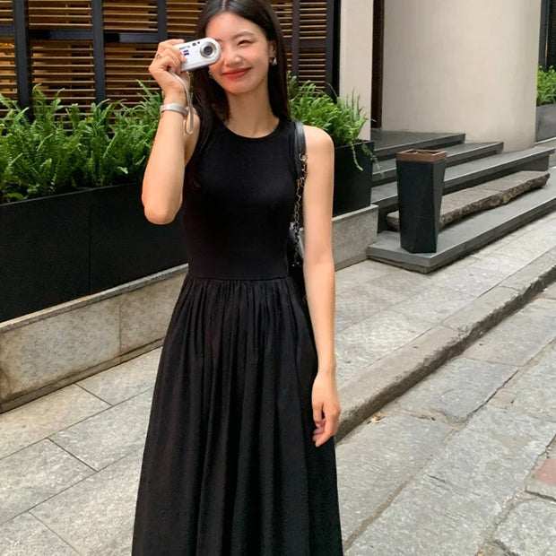 New Vintage Black Tank Top Midi Dress Wedding Dresses for Women Clothing O Neck Office Lady Casual Pockets Women's Clothing