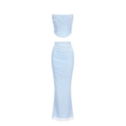 Mingmingxi Elegant Maxi Wedding Guest Dress Set Sexy Strapless Blue Cropped Top Set Bodycon Holiday Party Dresses Women