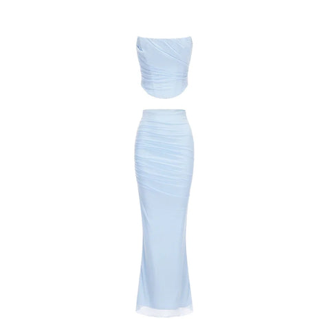 Mingmingxi Elegant Maxi Wedding Guest Dress Set Sexy Strapless Blue Cropped Top Set Bodycon Holiday Party Dresses Women