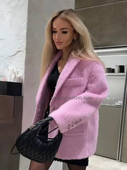 Fashion Lapel Woolen Plush Pink Coats Women Long Sleeves Single Breasted Loose Jackets Autumn Office Lady Pockest Overcoat