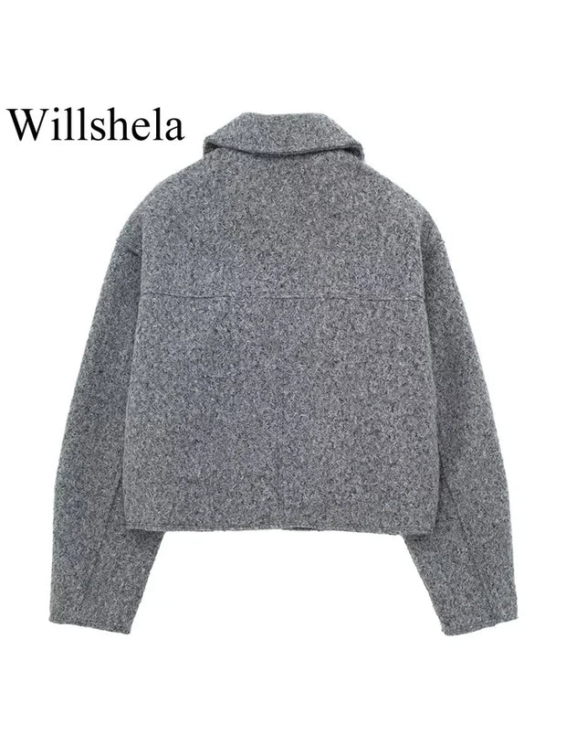 Willshela Women Fashion With Pockets Grey Front Zipper Jackets Vintage Lapel Neck Long Sleeves Female Chic Lady Outfits