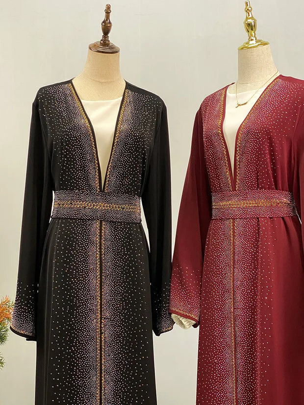 Hot Selling Ramadan Rhinestone Cardigan Islamic Dresses With Pockets Kebaya Muslim Kimono Abaya Dubai Modest Clothing Women Red