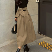 Skirts Womens Korean Fashion Solid Color Big Swing Ladies Skirt Long Skirt 2025 Autumn Wild High Waist Bow Slim Skirts