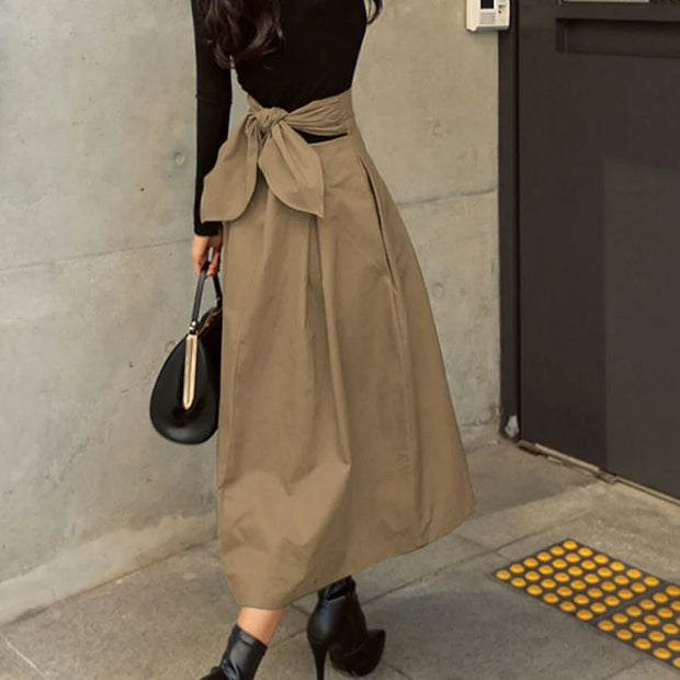 Skirts Womens Korean Fashion Solid Color Big Swing Ladies Skirt Long Skirt 2025 Autumn Wild High Waist Bow Slim Skirts