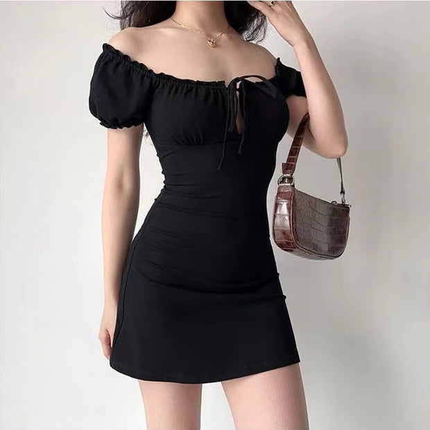 Summer Sexy Mini Dress Women Short Sleeved Lace up Hollow Casual Backless Folds Bodycon Black Dress Party Elegant A-LINE Dresses