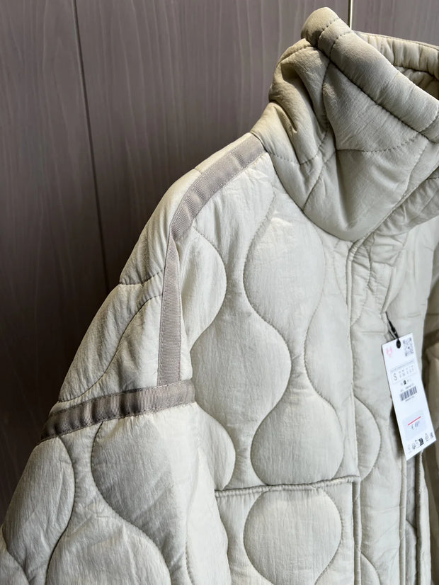 Quilted coat for women ETJ 2024traf QUILTED JACKET WITH TIES new beige drawstring high neck pocket clip cotton jacket for women