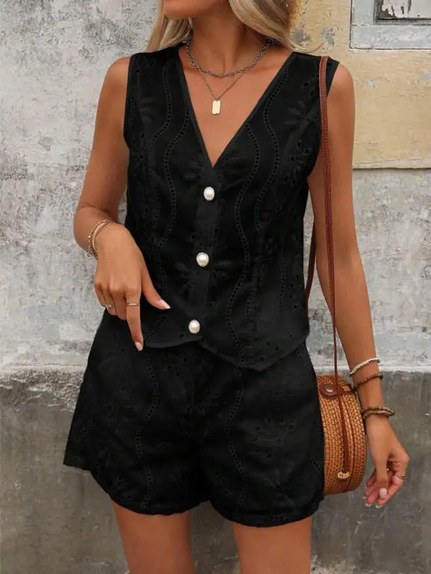 Women's Solid Color Vest Casual Shorts Buttons 2 Piece Sets Summer Fashion V-neck Sleeveless Shorts Suit Office Two Piece Set