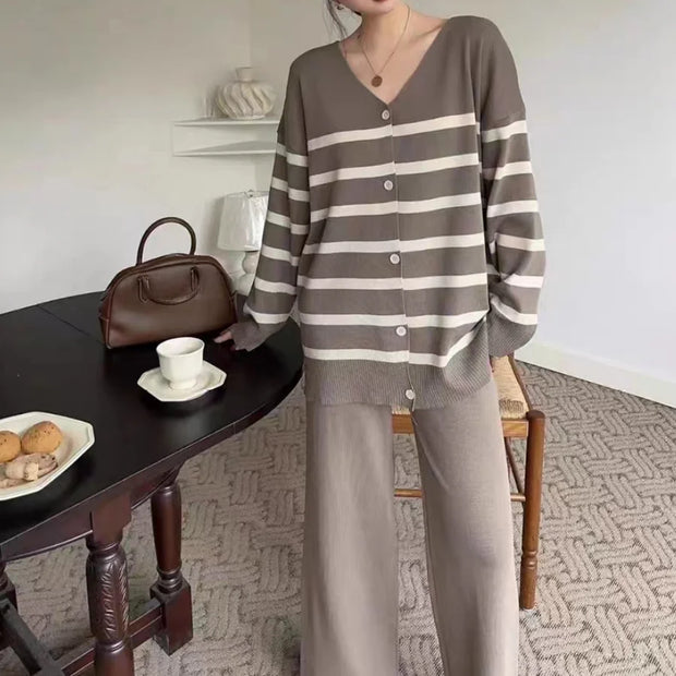 New In Spring Elegant 2-Piece Sets For Women Chic Stripe Sweater Cardigan Elastic Wide Leg Pants Sets Trend Casual Lady Outfit