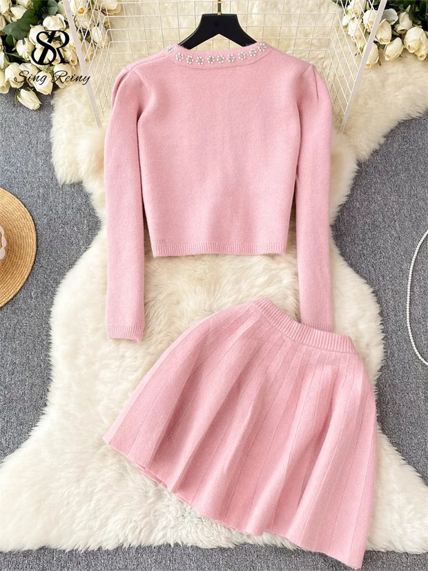 SINGREINY Japan Style Pearls Knit Suits Hidden Breasted Pockets Cardigan+Mini Pleated A Line Skirt Women Sweet Streetwear Sets