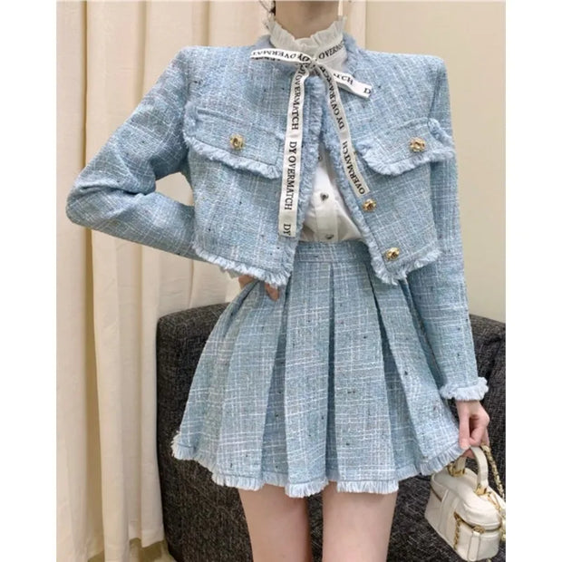 High Quality Tassel Design 2-Piece Sets Women Tweed Autumn New Solid Outfits Long Sleeve Short Jacket Coat + Pleated Skirt Suits