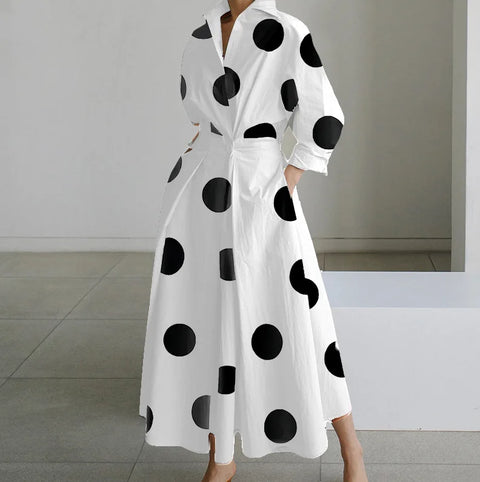 Autumn Dress Long Sleeve Dot Print Elegant Maxi Dresses For Women 2024 White Casual V Neck Shirt Party Long Dress Robe Femme