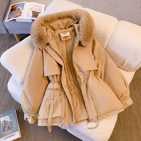 2023 Autumn Winter Parkas Coat New Women's Cotton-Padded Plush Warm Coat Women's Long Sleeve Zipper Hooded Drawstring Parkas