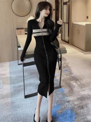 Woherb Sexy Long Sleeve Knitted Dress Women Slim Temperament Elegant Elastic Y2k Bodycon Vestido Midi  Zipper Dresses Korean