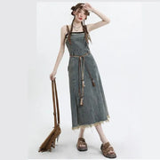 2025 Spring New Vintage Denim Skirt Matching Set Women's Elegant Loose Hollow Knitted Shirt+Sexy Split Dress Two Piece Suit