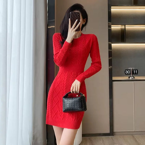 Pink Knitted Dress Women's Autumn New Round Neck High Waist Long Sleeve Slim Sweater A-line Small  Dress