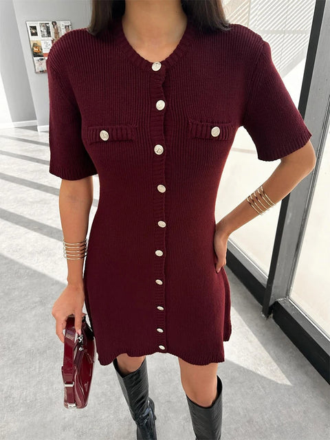 Trendix Elegant Knit Mini Dress Women Street Slim High Waist Short Sleeve Rib Sweater Dresses Vacation Bodycon Knitwear Dress