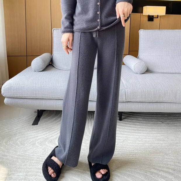 2024 High-end Cashmere Temperament Wide-leg Pants Women's High Waist 100 Pure Wool Pants Loose Casual Straight Outer Trousers