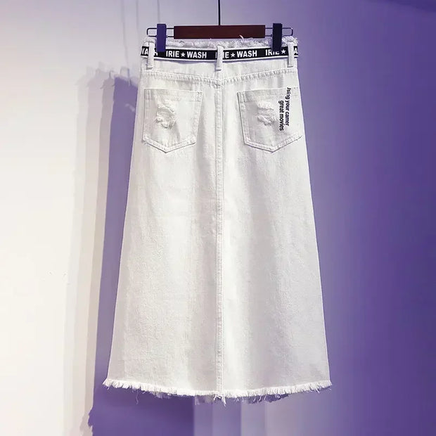 2025 New Women Skirt White Denim Long Skirts Letter Print Korean Style Fashion Hole Oversize Plus Size Female Skirts