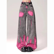 High Street Graffiti Printed Straight Leg Jeans for Women High Waist Wide Legs Loose Floor Length Pants