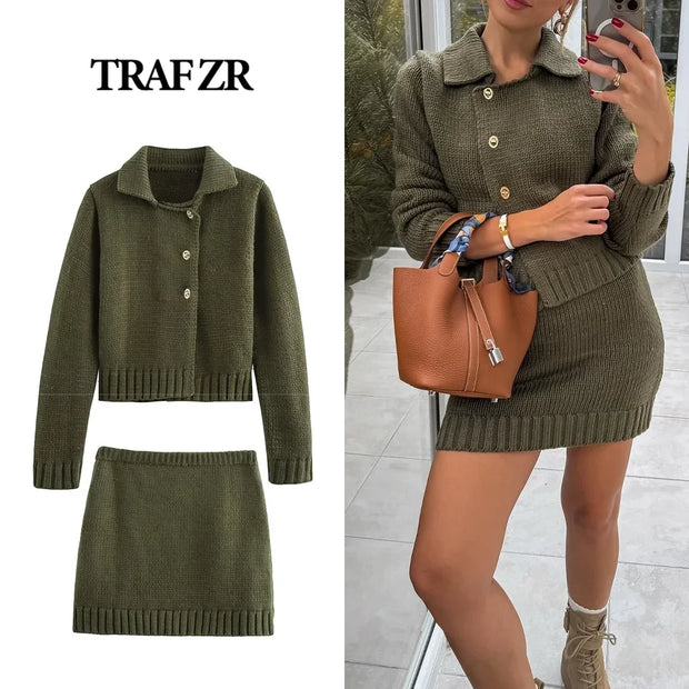 TRAF ZR Women's Lapel Collar Sweaters Skirts Suit 2-pieces Golden Button Knit Cardigan Matching Sets for Women Knit Mini Skirt