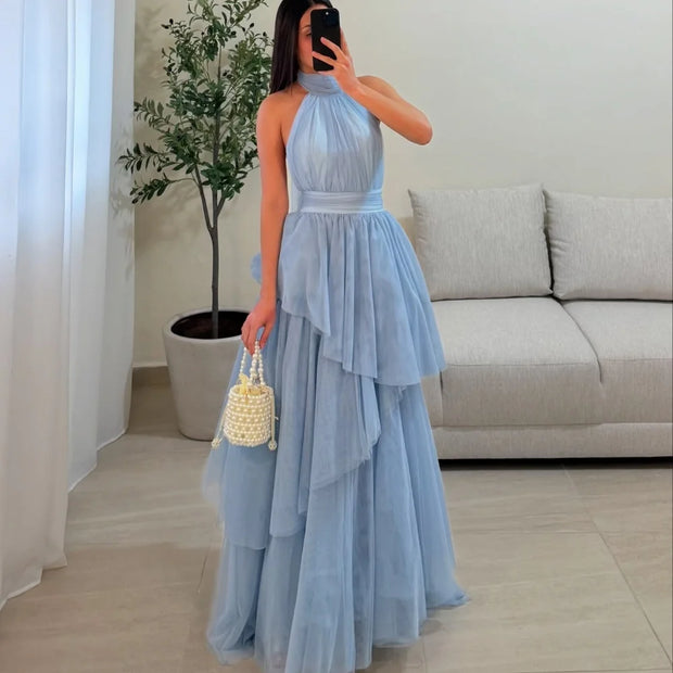 Bella Customized Multi-Layered A-line Mesh Fabric robes de soirée Halter Neck Sleeveless Party Dresses Ankle-Length Prom Dress