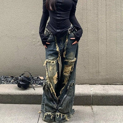 Y2K High Street Ripped Tassel Washed Baggy Jeans Woman Retro Street Hip-hop Loose Old Fashion Casual High Waist Wide Leg Jeans