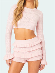 2 Piece Set Women Spring Fall Shorts Outfits Flare Long Sleeve Knit Crop Sweater Top + Frill Ruffle Shorts Y2K Aesthetic Clothes