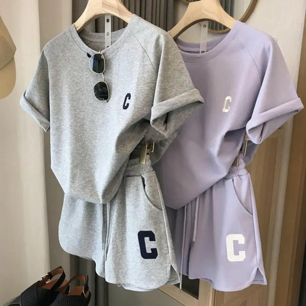 2 Pcs/Set Summer Women Tracksuit O Neck Letter Print Pure Color Short Sleeve T-shirt Drawstring Elastic Waist Shorts For Sport